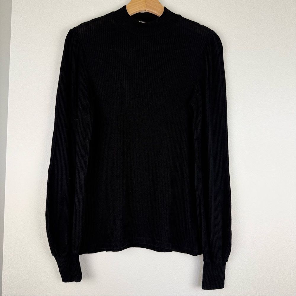 Reformation‎ Black Ribbed Puff Shoulder Long Sleeve Womens Size XS/S - Picture 1 of 11